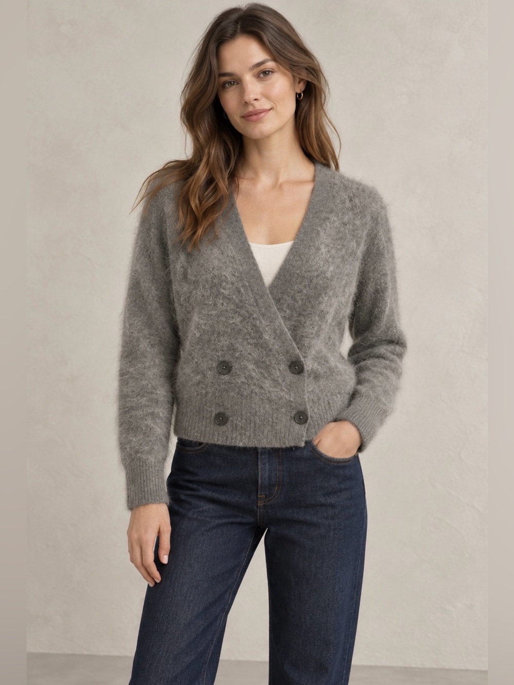 J.Crew Collection Brushed 100% Cashmere Double Breasted Cardigan Gray Size M